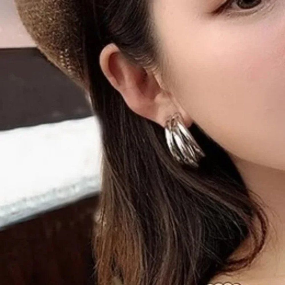 5/$25 Silver Color Triple Hoop Statement Earrings - Picture 3 of 8